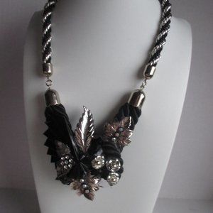 Bib Necklace/Floral/Silver Tone/Black Enamel/Clear Crystals